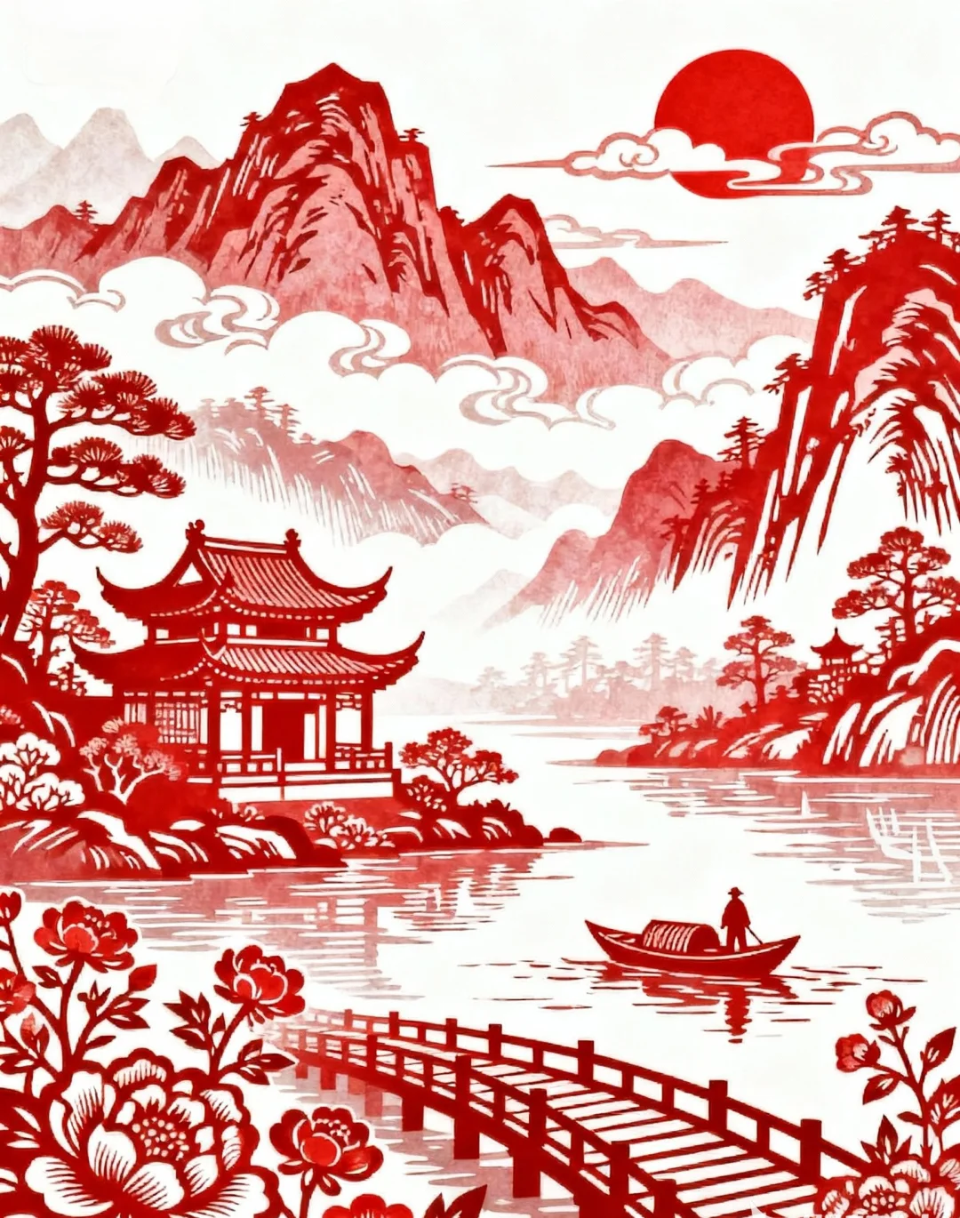 剪纸，风景，山水，亭楼，非遗剪纸