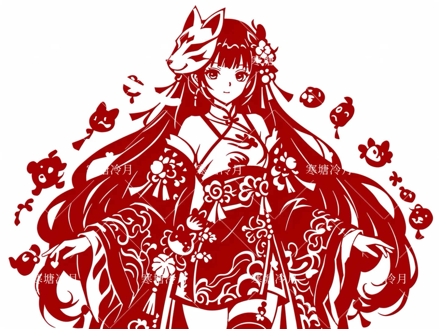 狐面少女11剪纸刻纸底稿分享