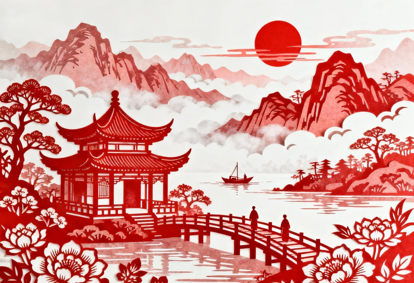 剪纸，风景，山水，亭楼，非遗剪纸