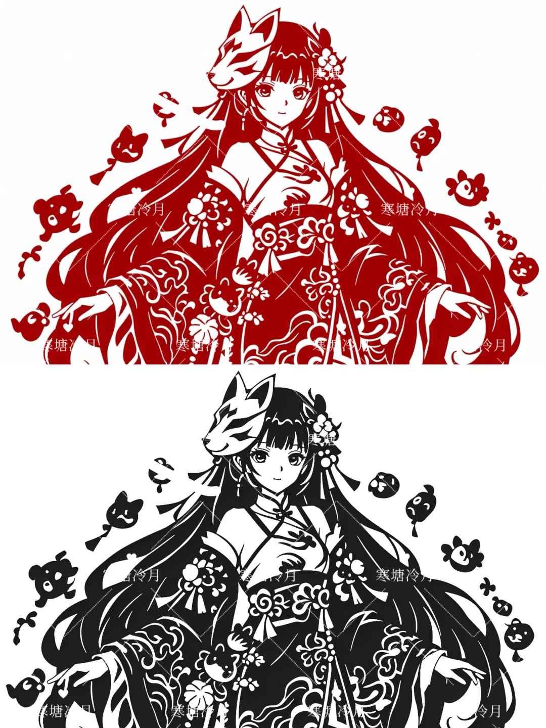 狐面少女11剪纸刻纸底稿分享