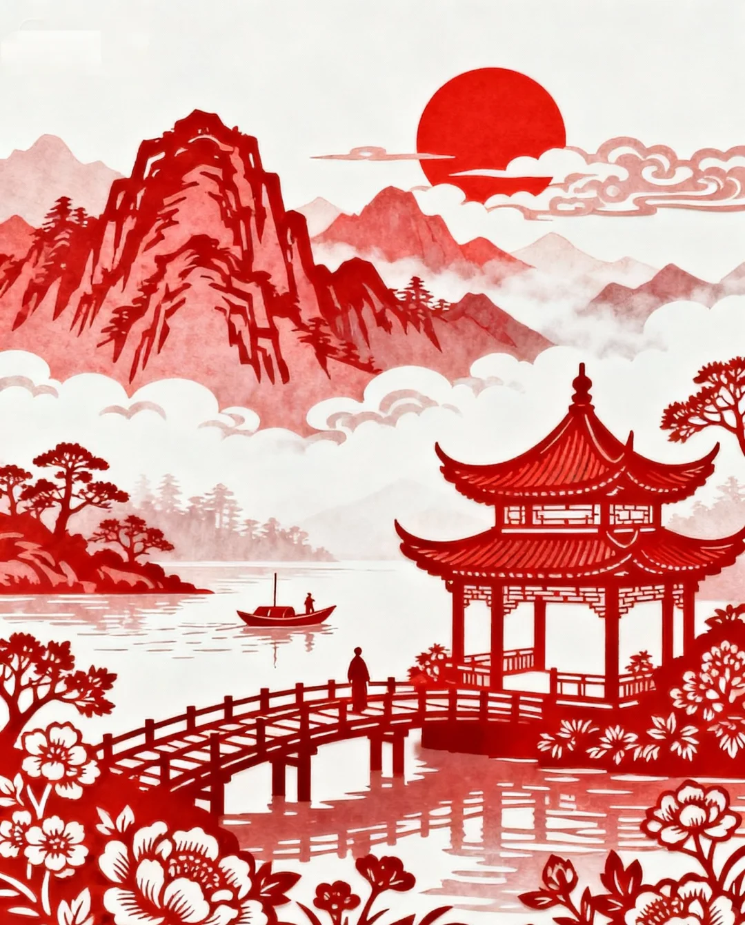 剪纸，风景，山水，亭楼，非遗剪纸