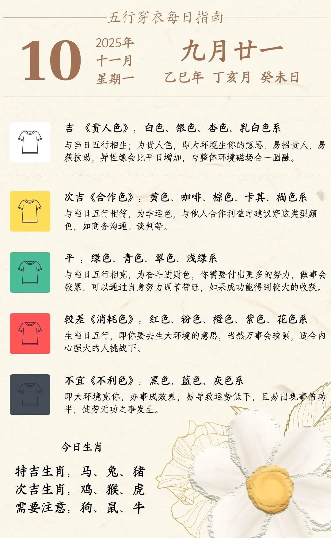 11月8日-11月14日每日五行色彩穿衣指南
