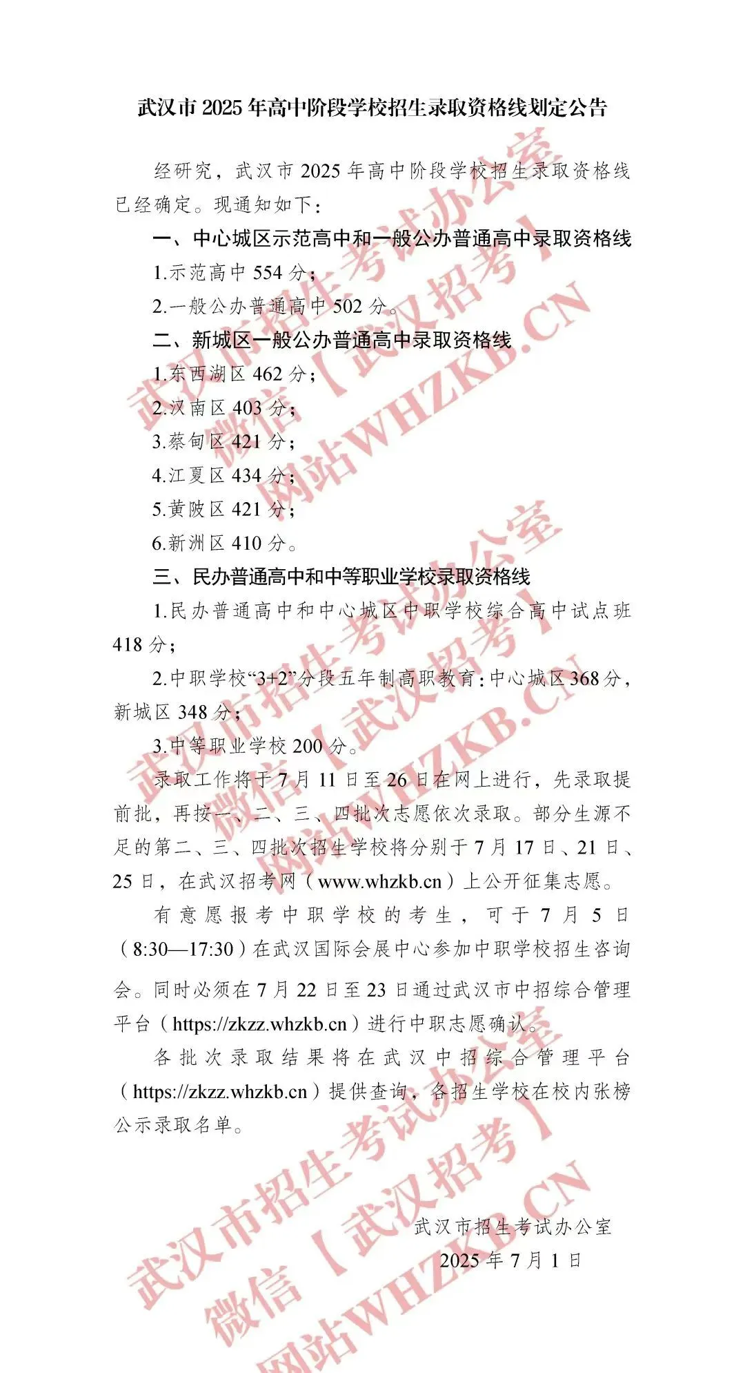 2025武汉中考第一批省级示范高中录取分数线