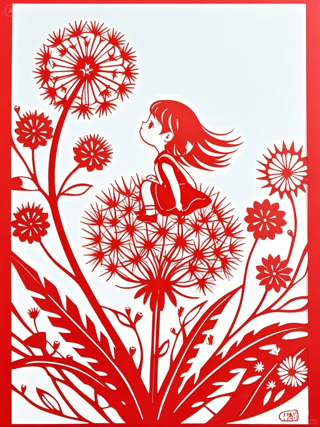 No.0211 小女孩与蒲公英剪纸