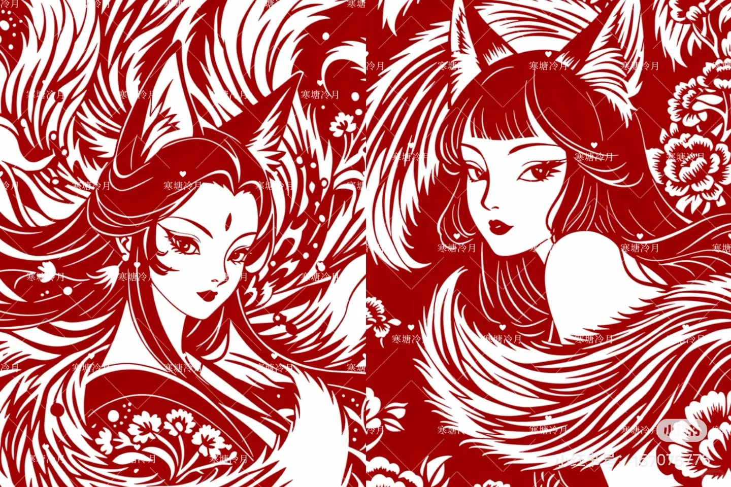 九尾狐女03剪纸刻纸底稿分享