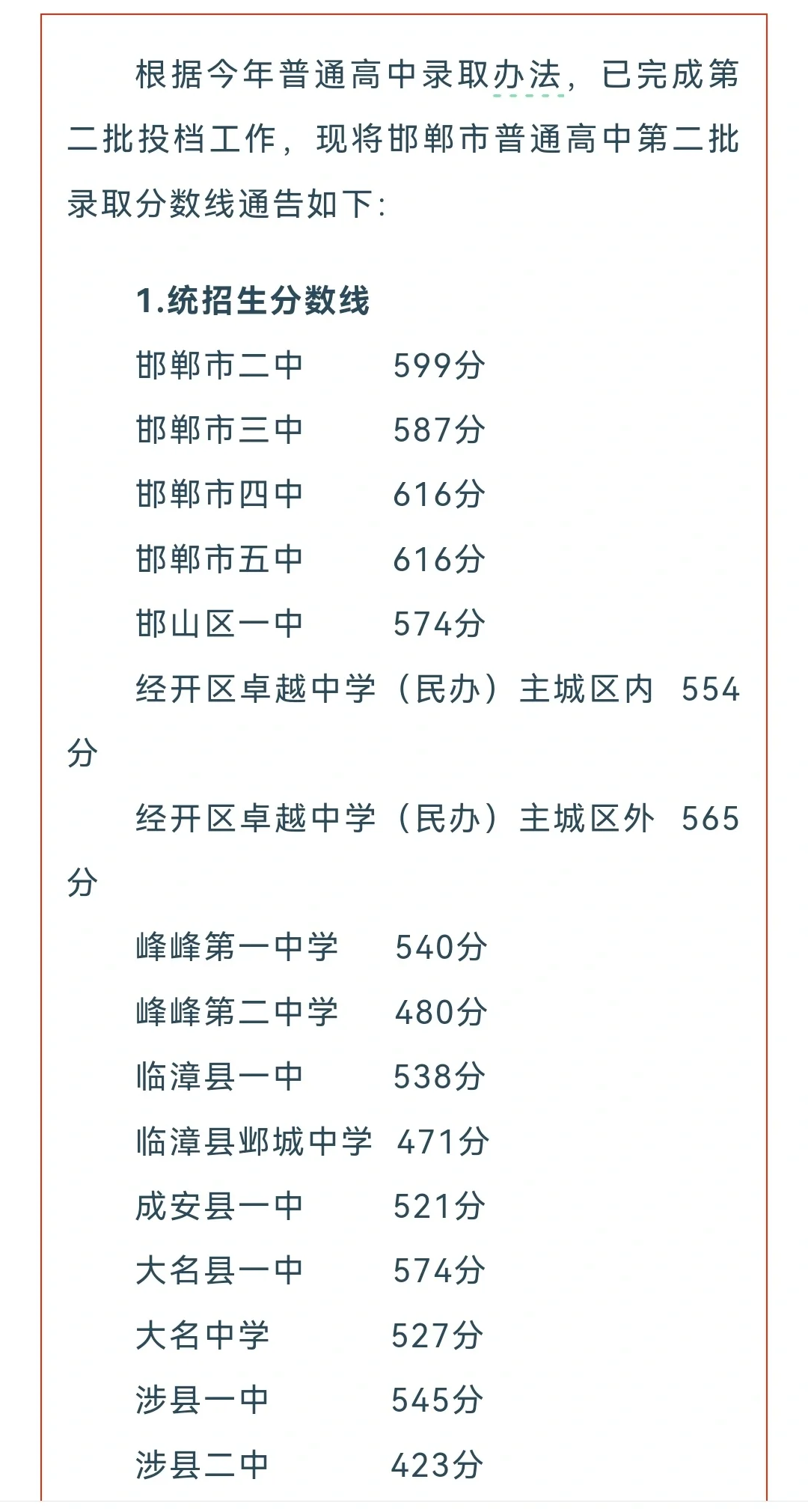 邯郸市中考录取二批次分数线公布