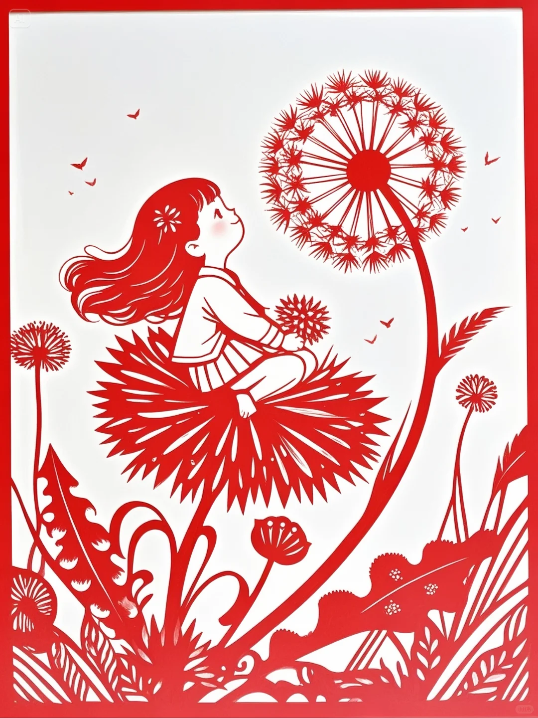 No.0211 小女孩与蒲公英剪纸