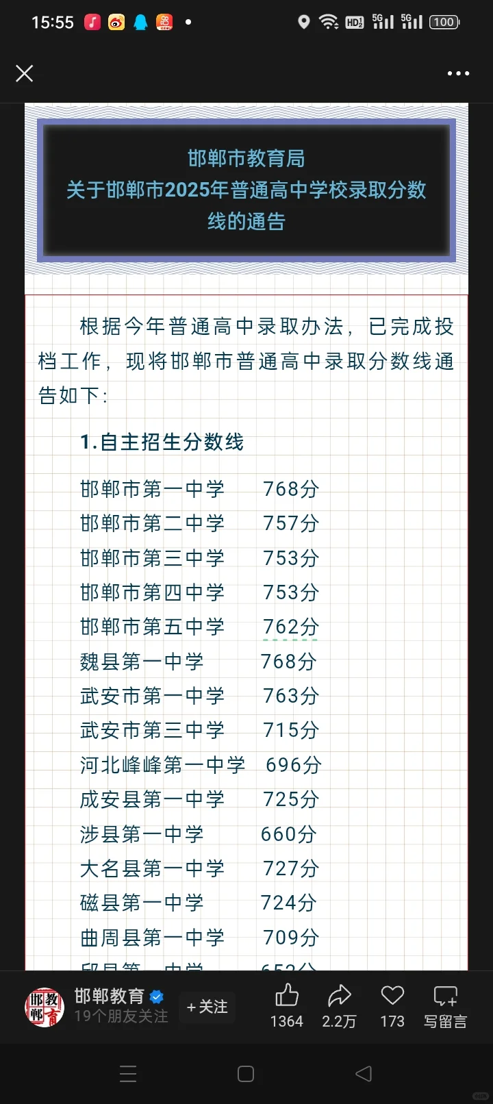 邯郸各地高中分数线