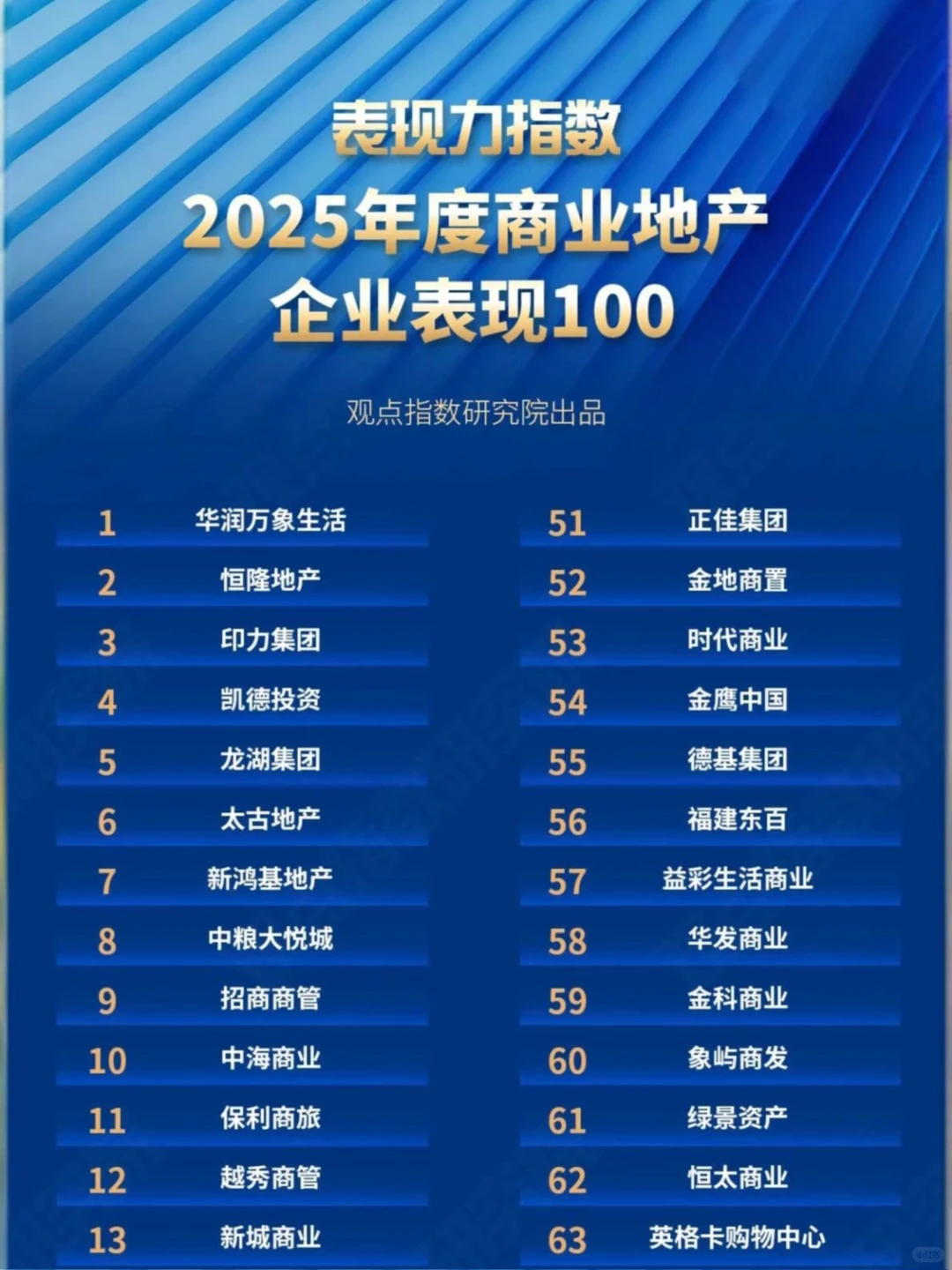 2025商业地产企业表现力指数100强研究报告