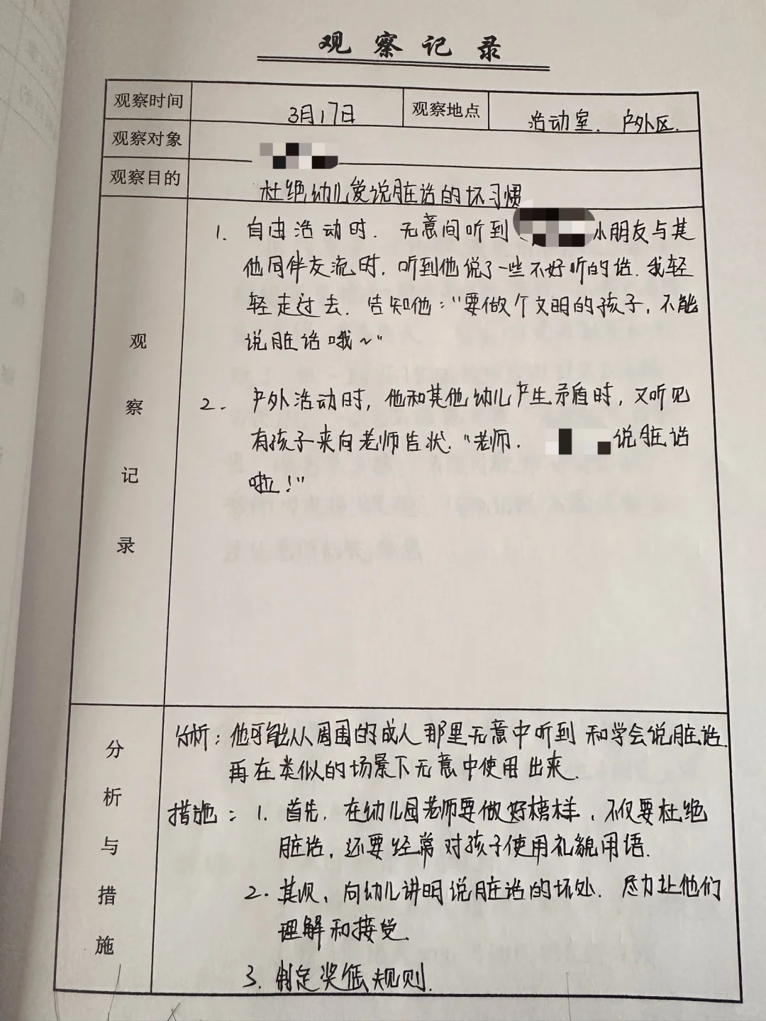 中班下 自主游戏观察记录表（六篇）