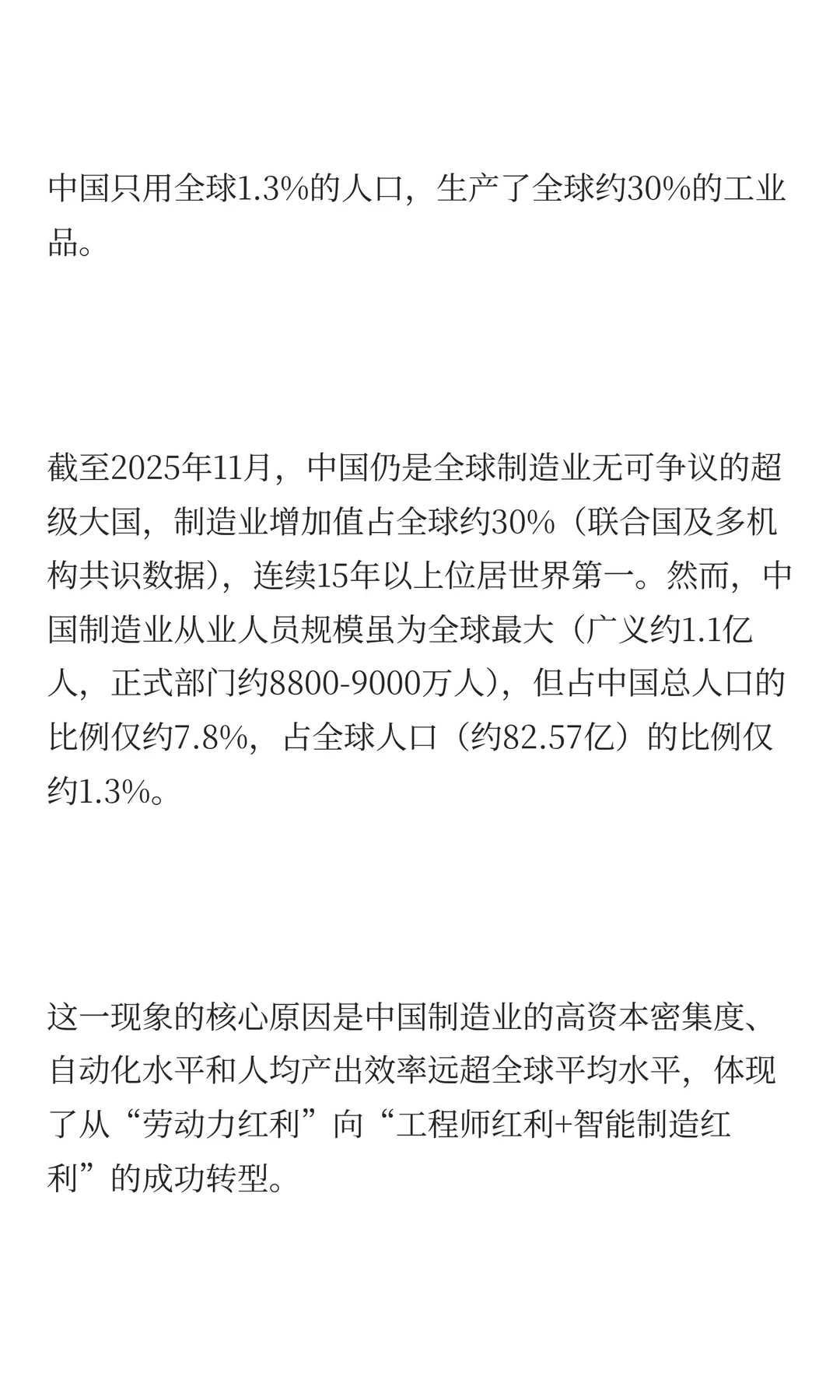 中国只用全球1.3%的人口，生产了全球约30%