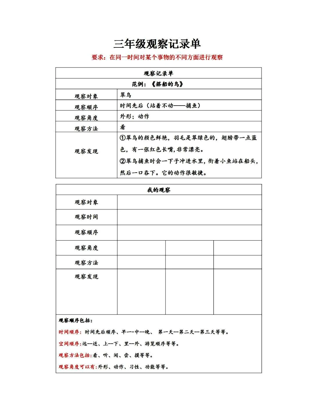 三上五单元 观察记录表（包括空白格式）