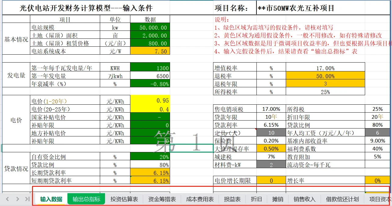 光伏发电站开发IRR财务分析计算模型001