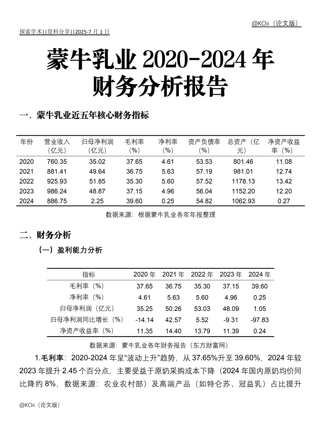 蒙牛乳业财务分析报告｜｜2020-2024年?