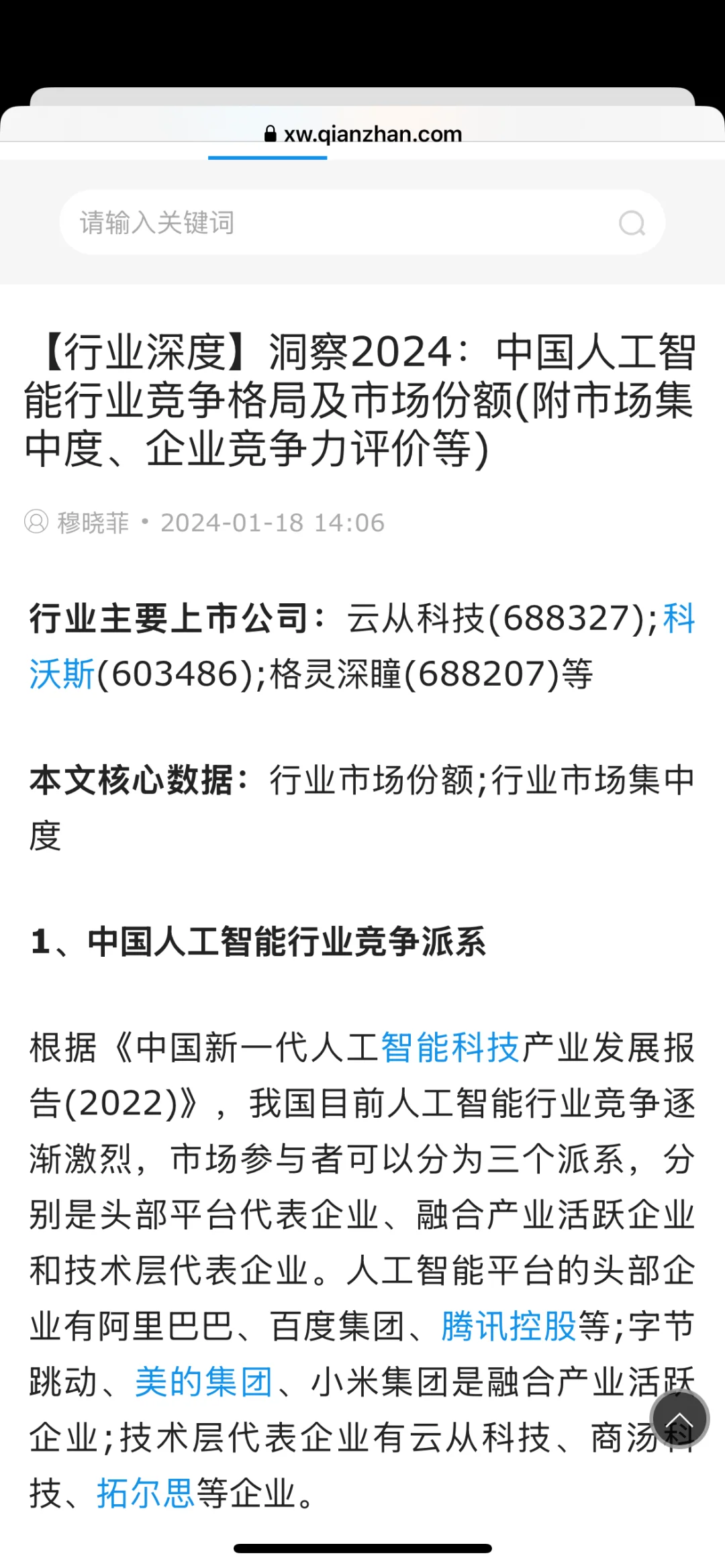 中国AI行业竞争格局解读1