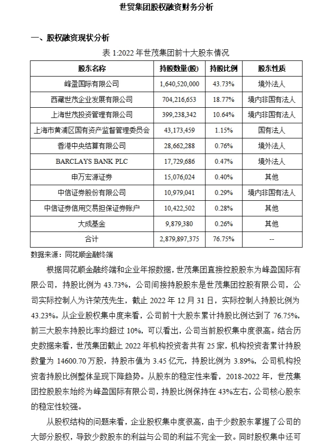 世贸集团股权融资财务分析