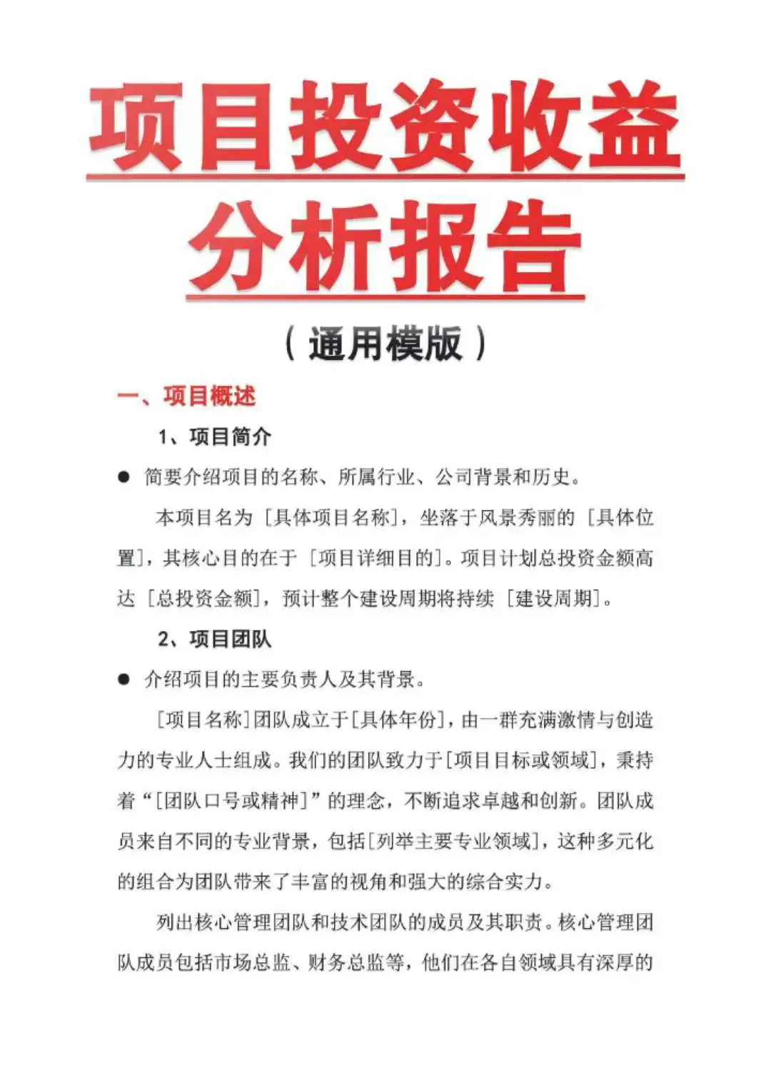 项目投资与收益分析报告（通用模板）快收藏