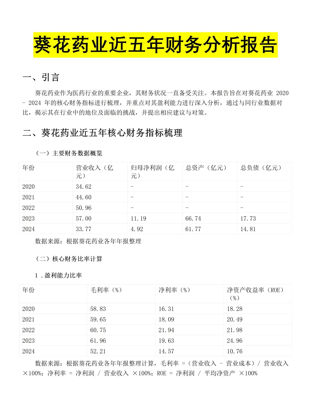 葵花药业财务报表分析毕业论文！