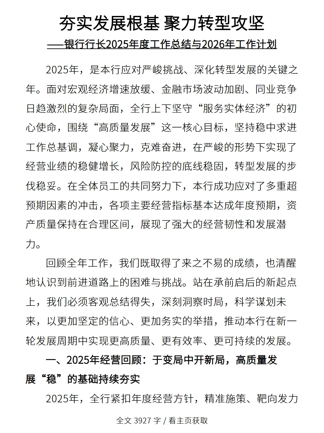 银行行长2025年度工作总结与2026年工作计划