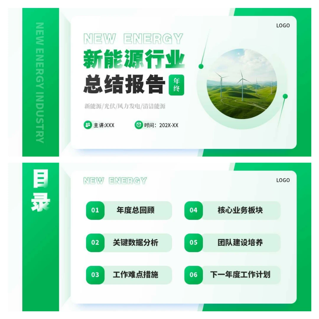 绿色简约风新能源行业总结报告PPT模板