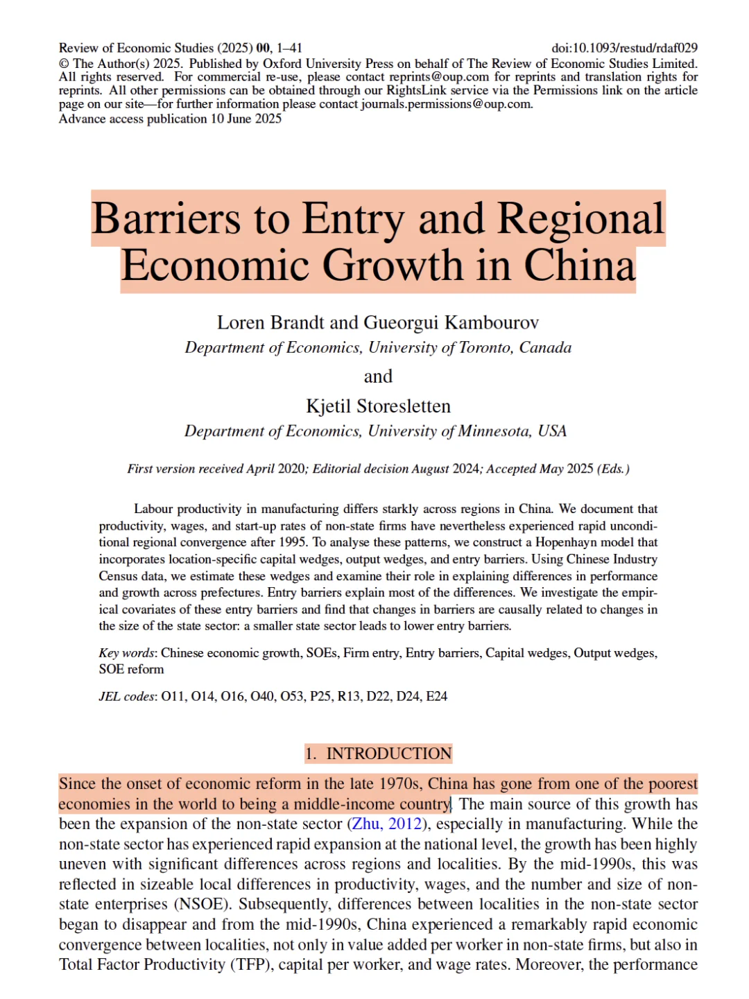 RES|进入壁垒与区域经济,Brandt再发顶刊