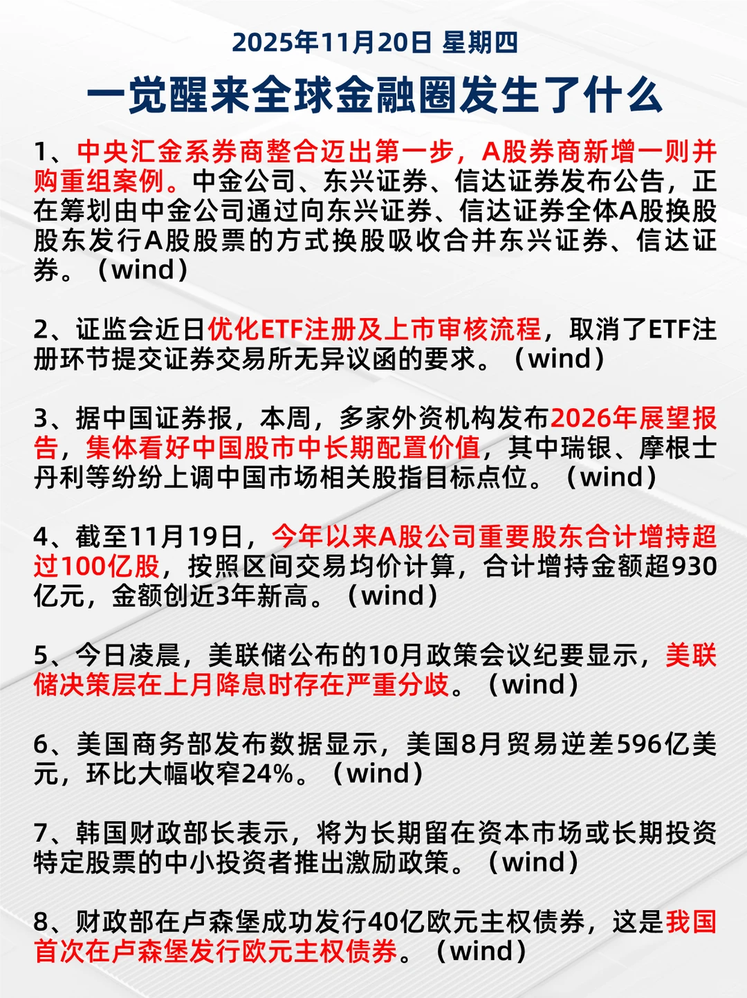 一觉醒来金融圈发生了什么?11月20日信息差