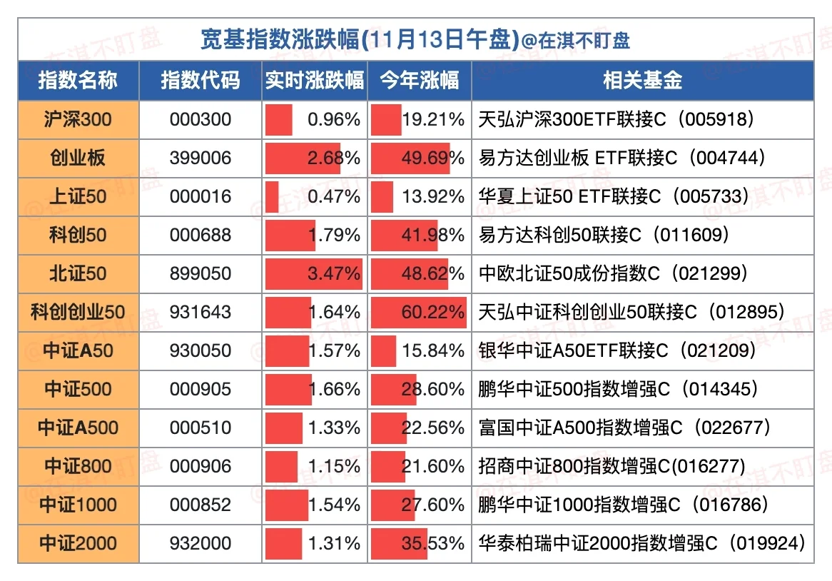 11.13午盘|看看今天哪个赛道/基金在赚钱