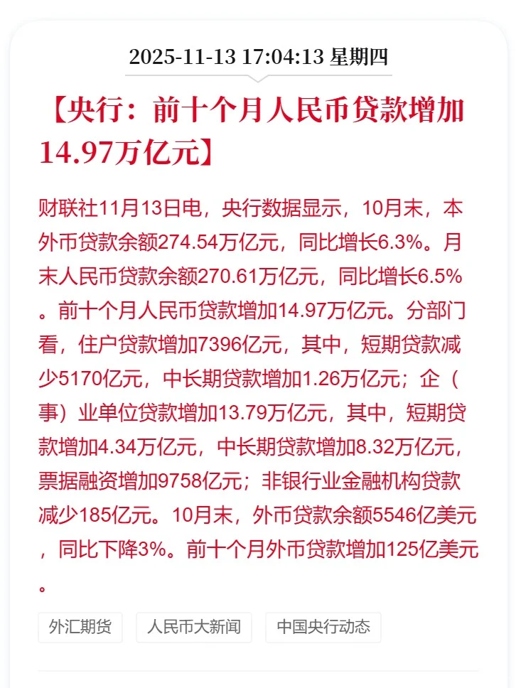 中国央行：10月末广义货币增长8.2%