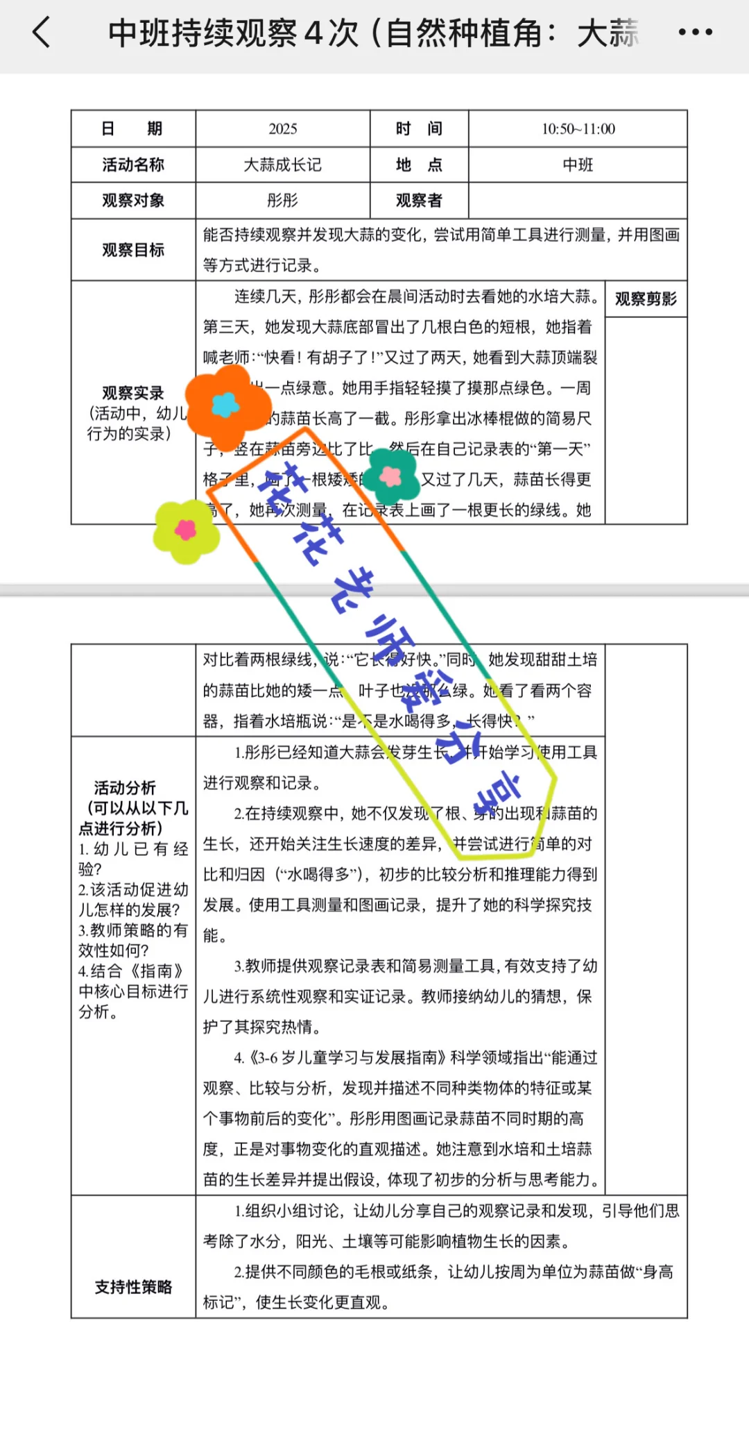中班（观察大蒜）持续四次观察记录！！
