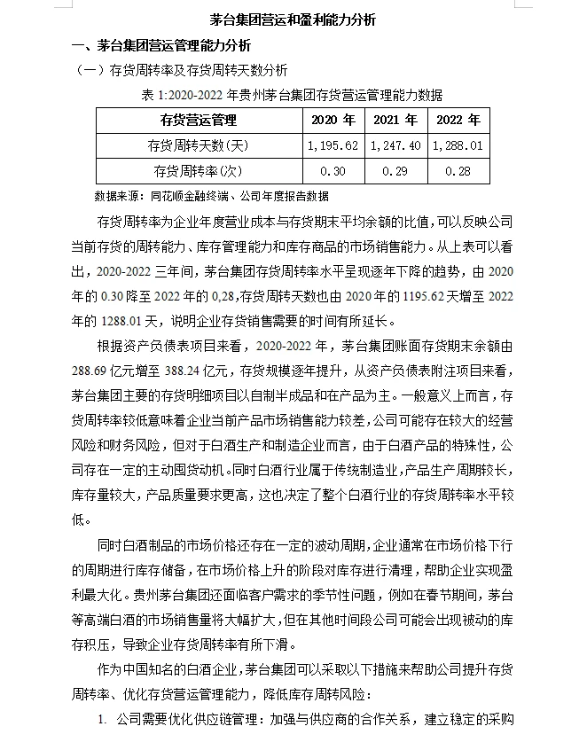 茅台集团20-22年营运和盈利能力分析