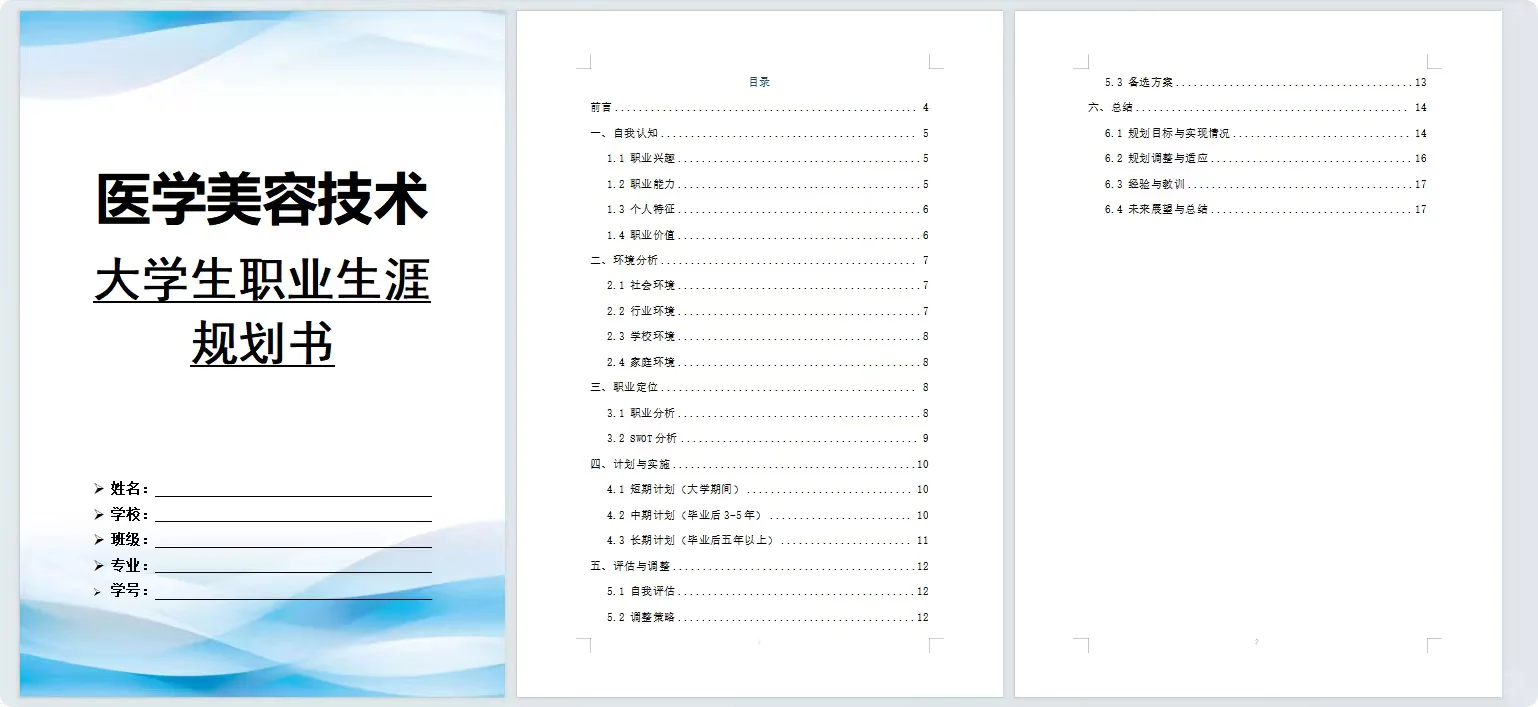 94、医学美容技术职业生涯规划书Word➕PPT