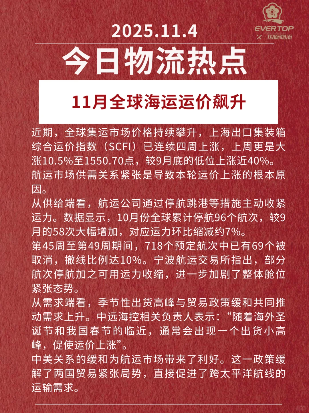 11月海运市场多数航线爆仓或涨价