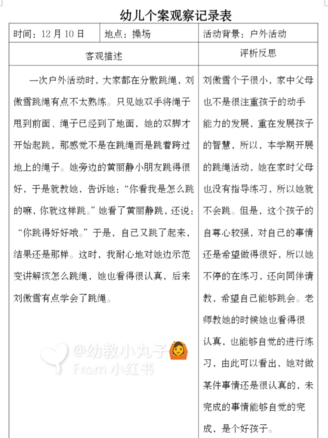 幼儿园《个案分析观察记录》电子版