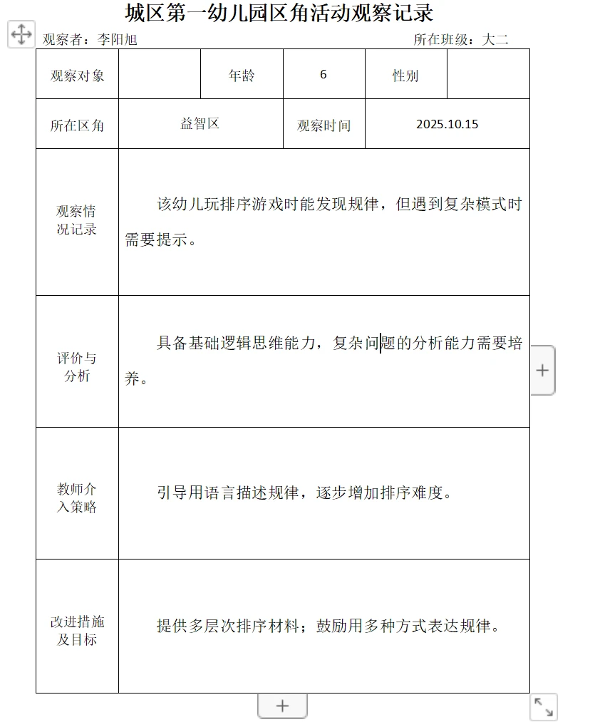 2025幼儿园区角活动观察记录(九)