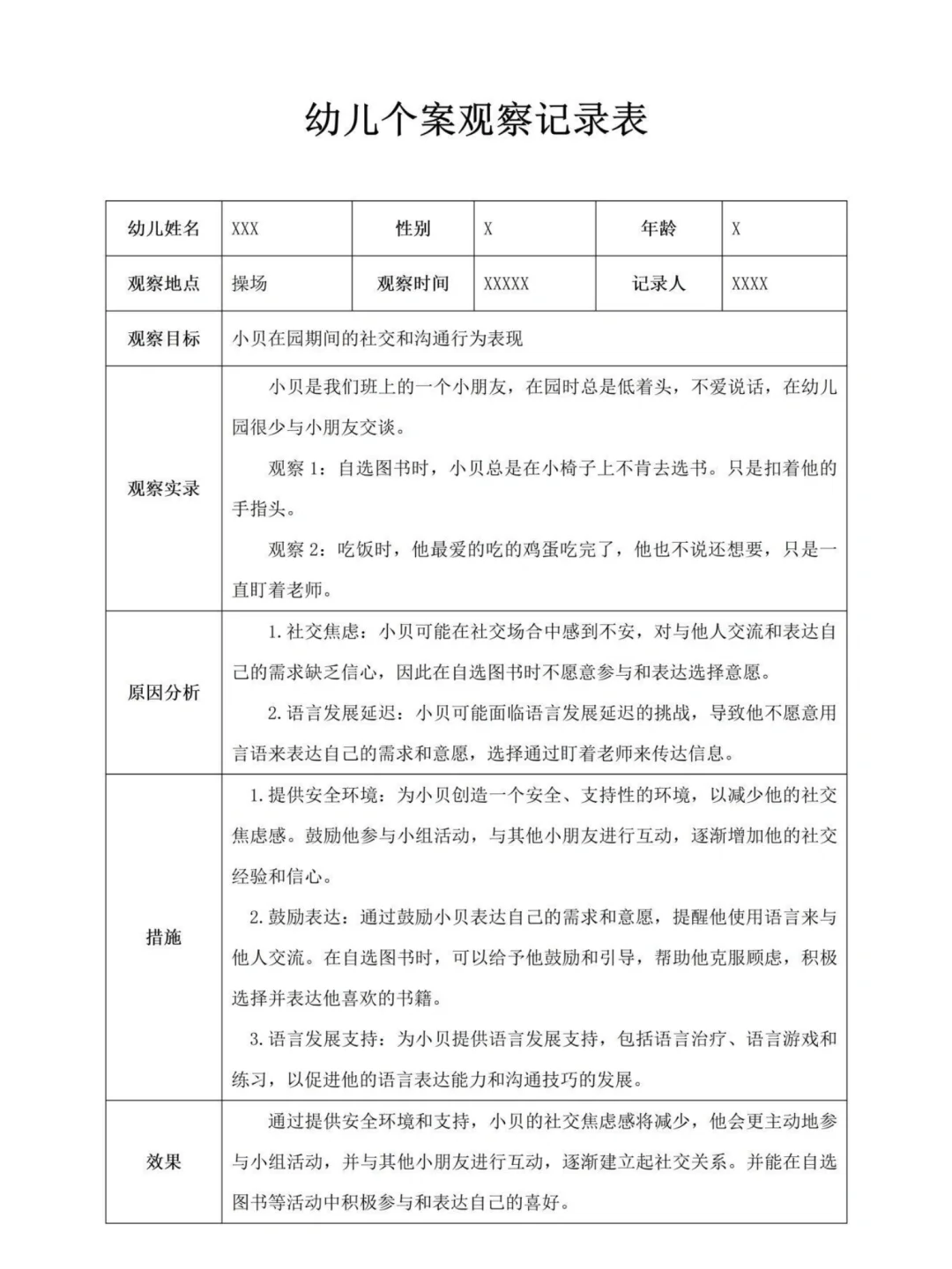幼儿园个案观察记录表 大中小班12篇分享