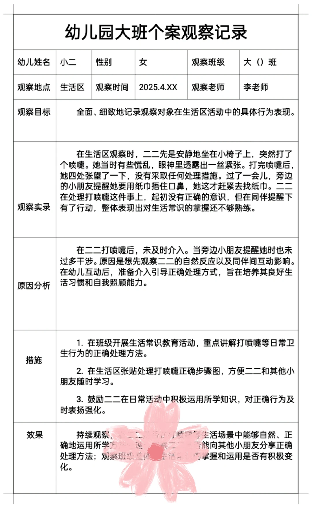 幼儿园春季四月大班个案观察记录