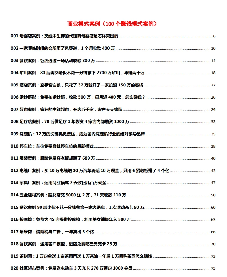 干货！100个赚钱模式、商业模式案例分析！