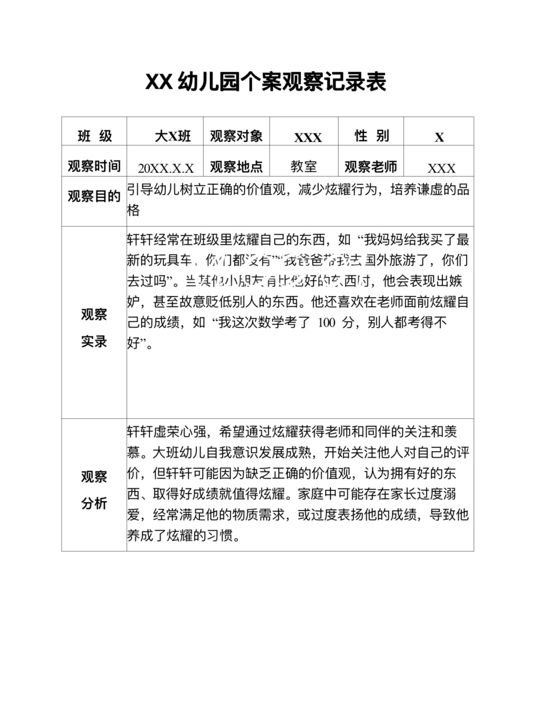 幼儿园个案观察记录表