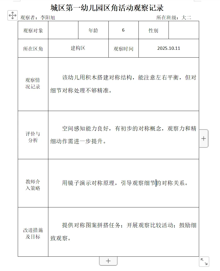 2025幼儿园区角活动观察记录(九)