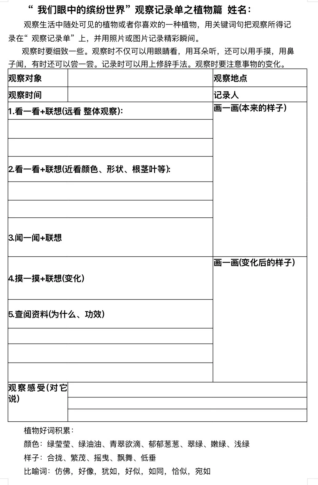 “我们眼中的缤纷世界”观察记录单