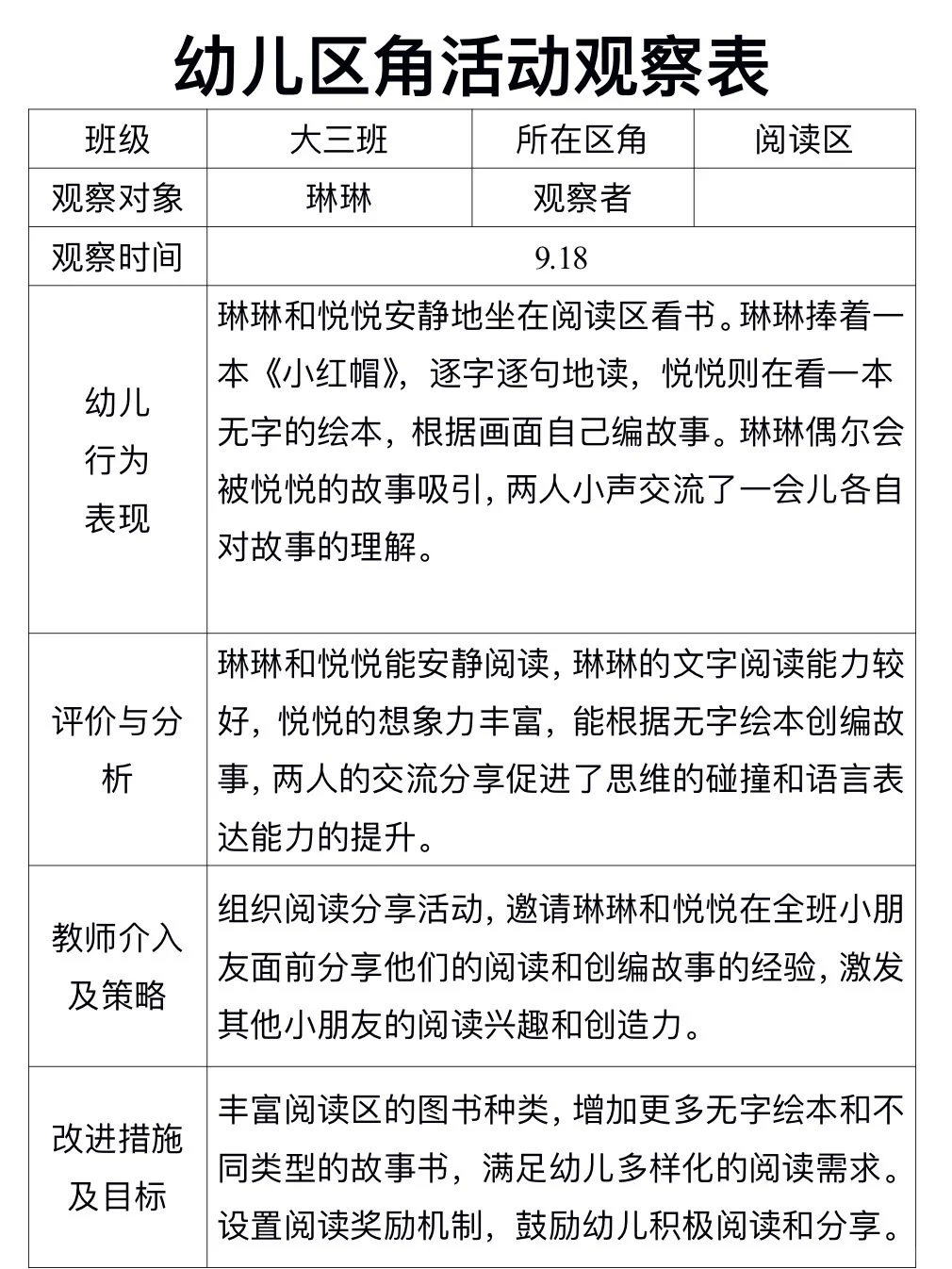 幼儿区角活动观察记录表?