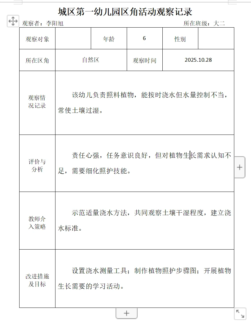 2025幼儿园区角活动观察记录(九)