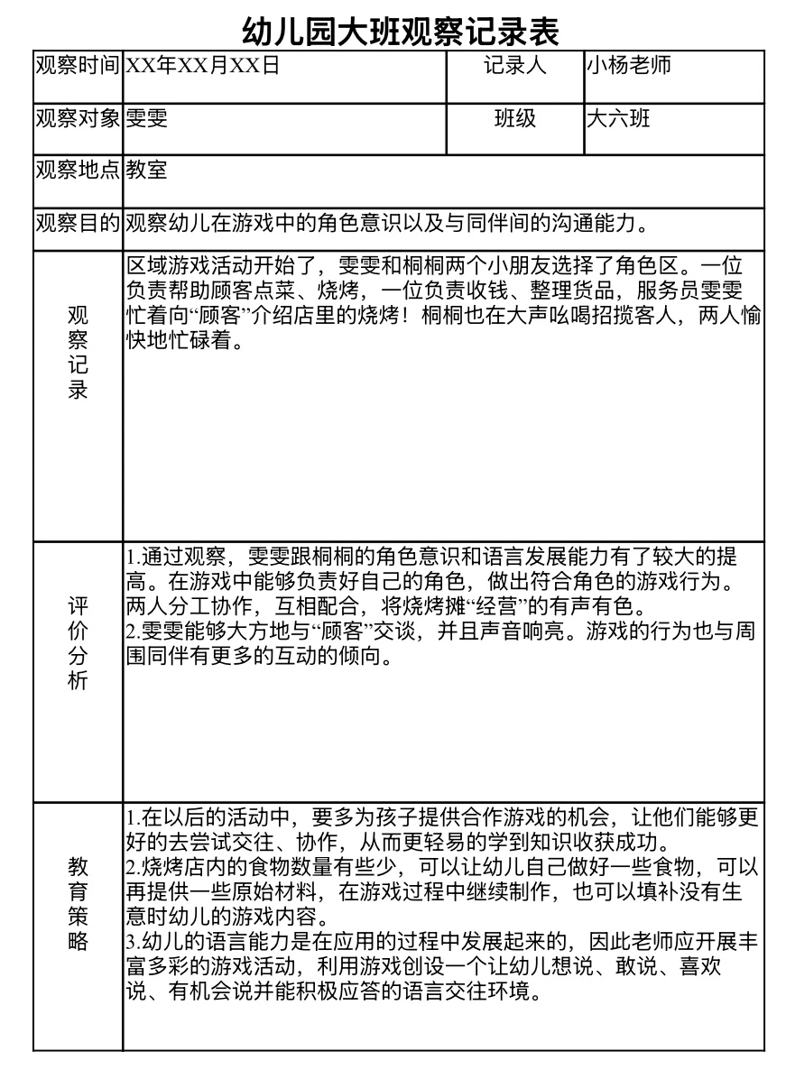 幼儿园～大班个案研究观察记录分享