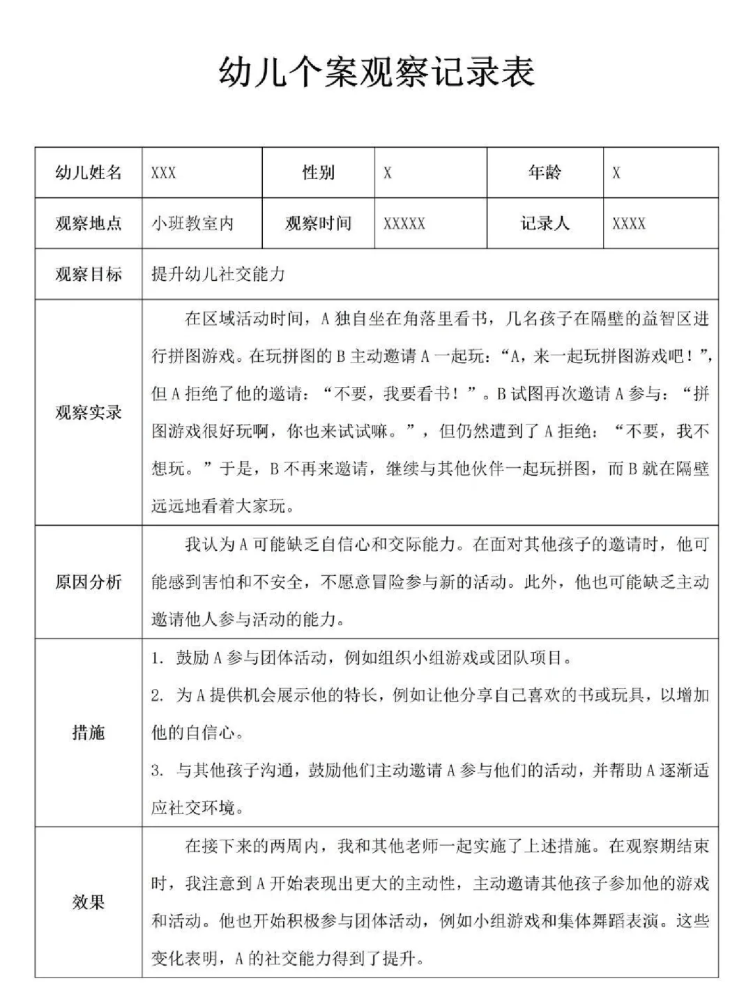 幼儿园个案观察记录表 大中小班12篇分享
