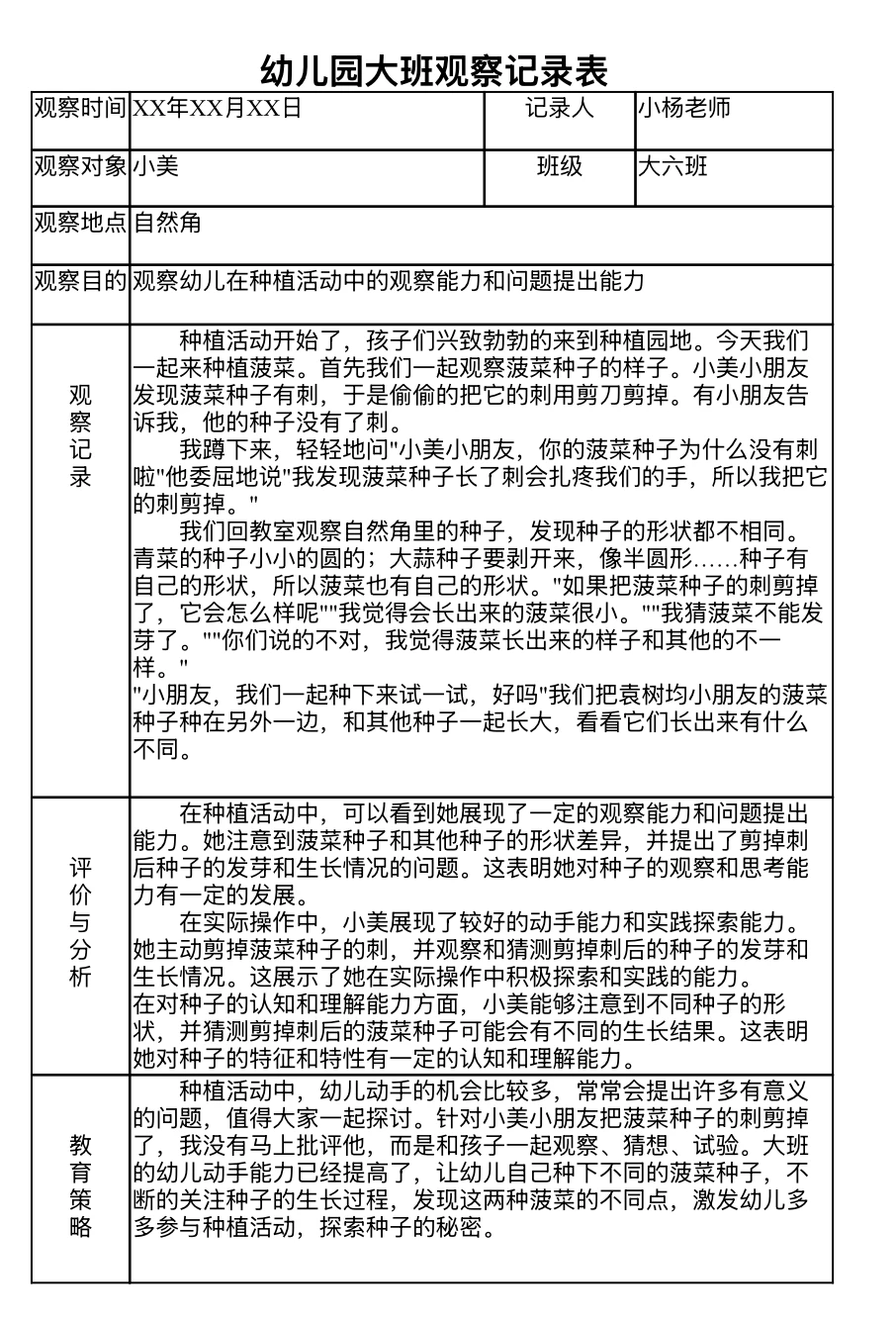 幼儿园～大班个案研究观察记录分享