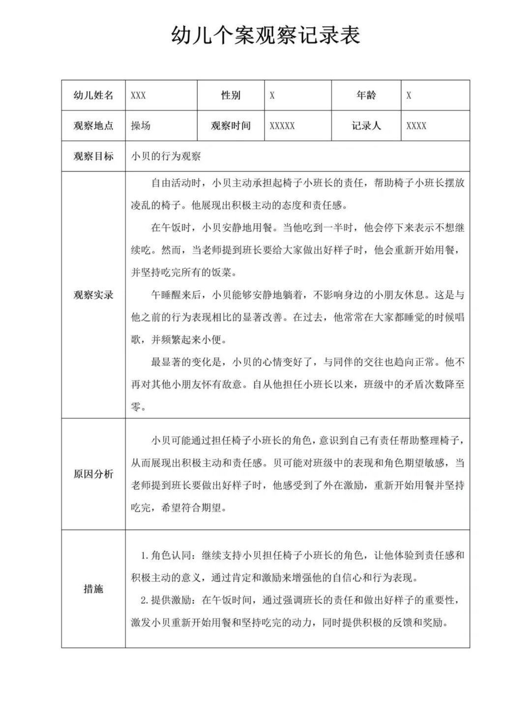 幼儿园个案观察记录表 大中小班12篇分享