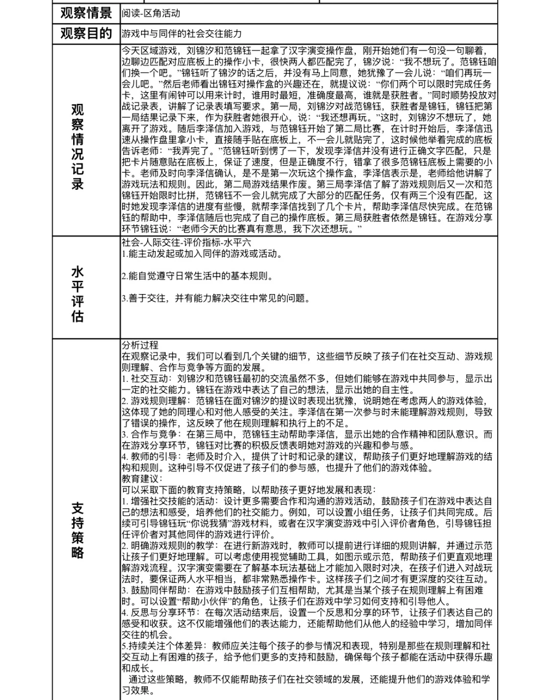 幼儿日常行为观察