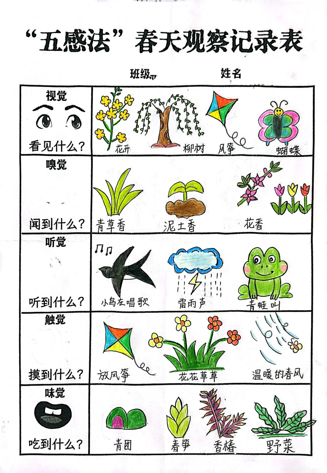 二年级语文实践作业，五感法春天观察记录表