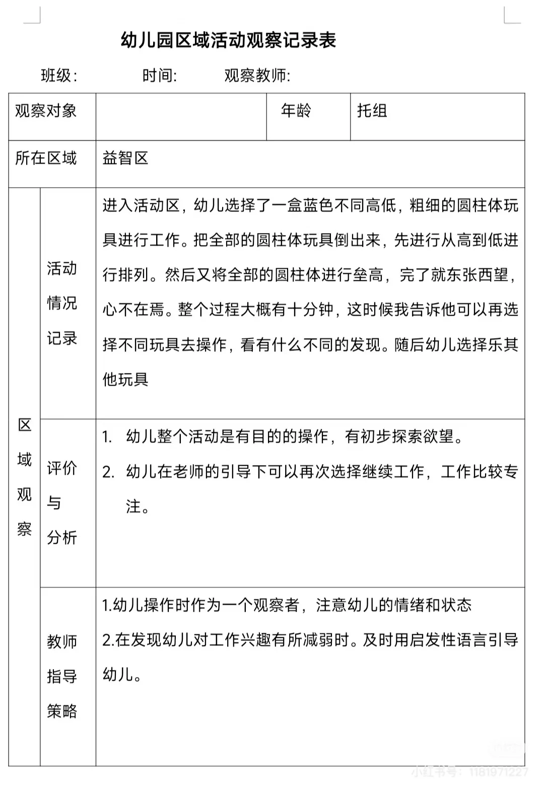 幼儿园区角观察记录表