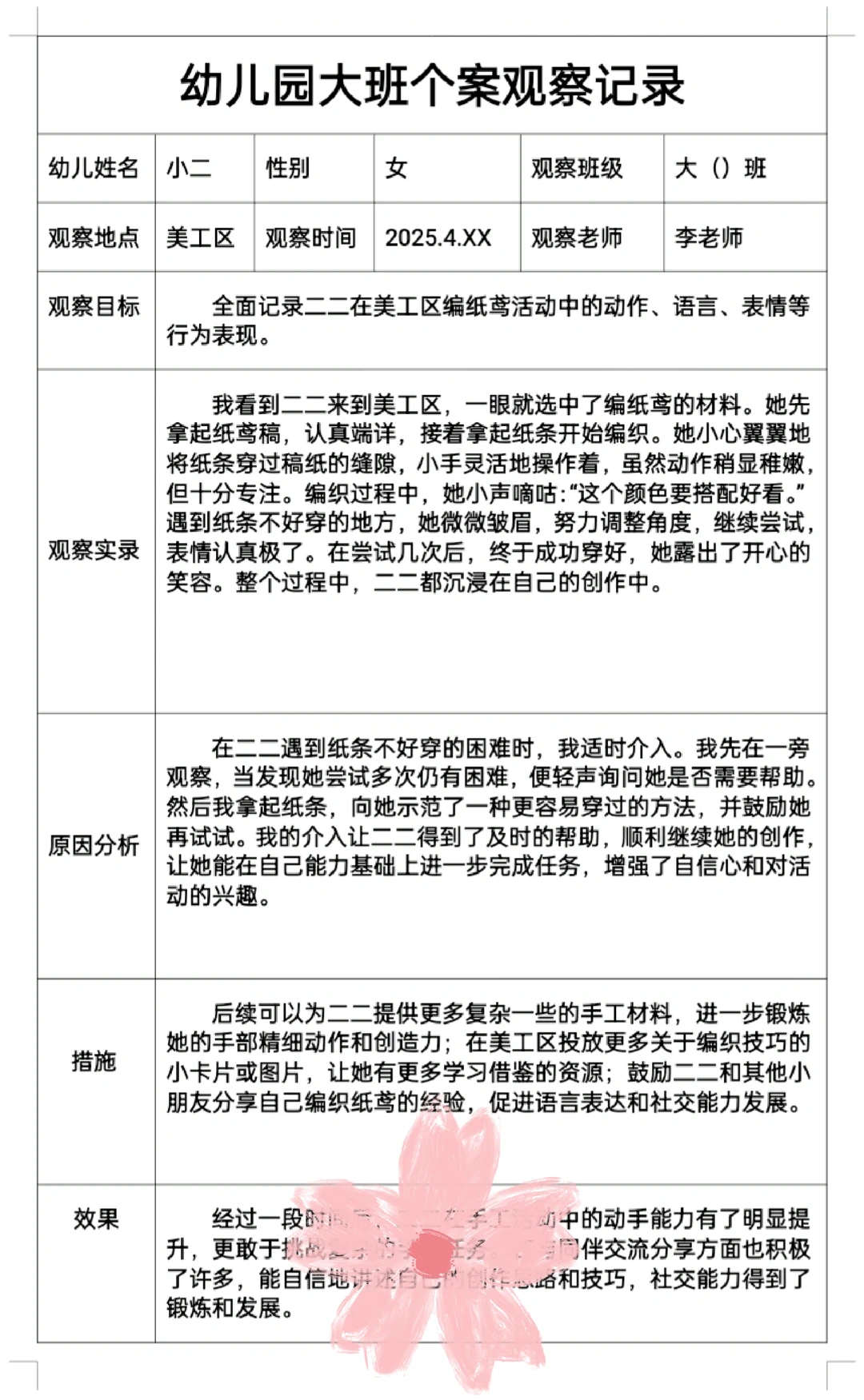 幼儿园春季四月大班个案观察记录